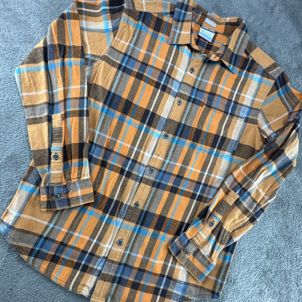 Columbia Flannel Shirt Mens‎ Medium Orange Brown Plaid EUC Regular Fit AM0017